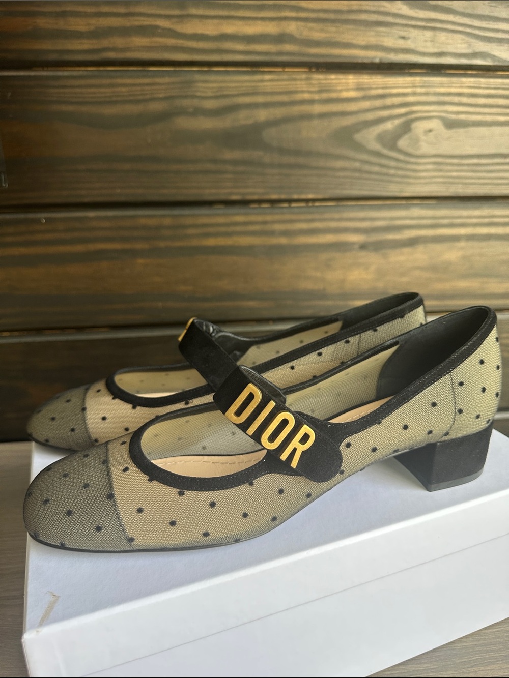 Dior Beige and Black Polka Dot Mary Jane Pumps with Gold Logo